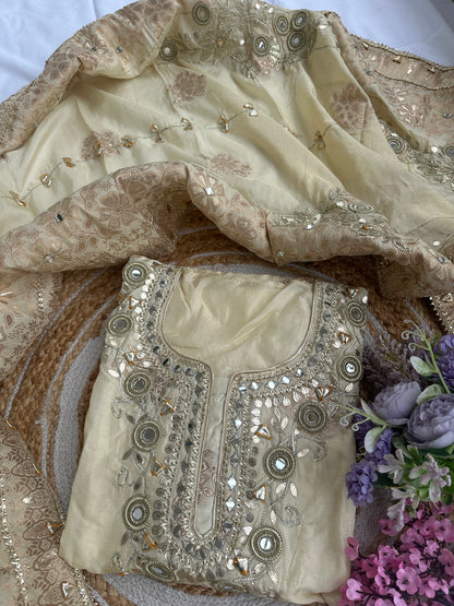 Golden Cream Designer Dola silk Unstitched Suit Set with Intricate Heavy Gota Patti Work