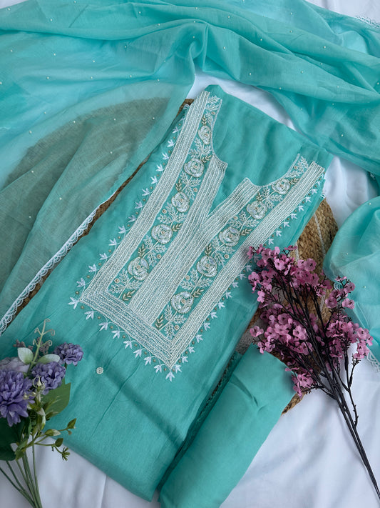 Light Blue Firozi Mul Unstitched Suit Set with Elegant Heavy Pearl Neck Embellishment