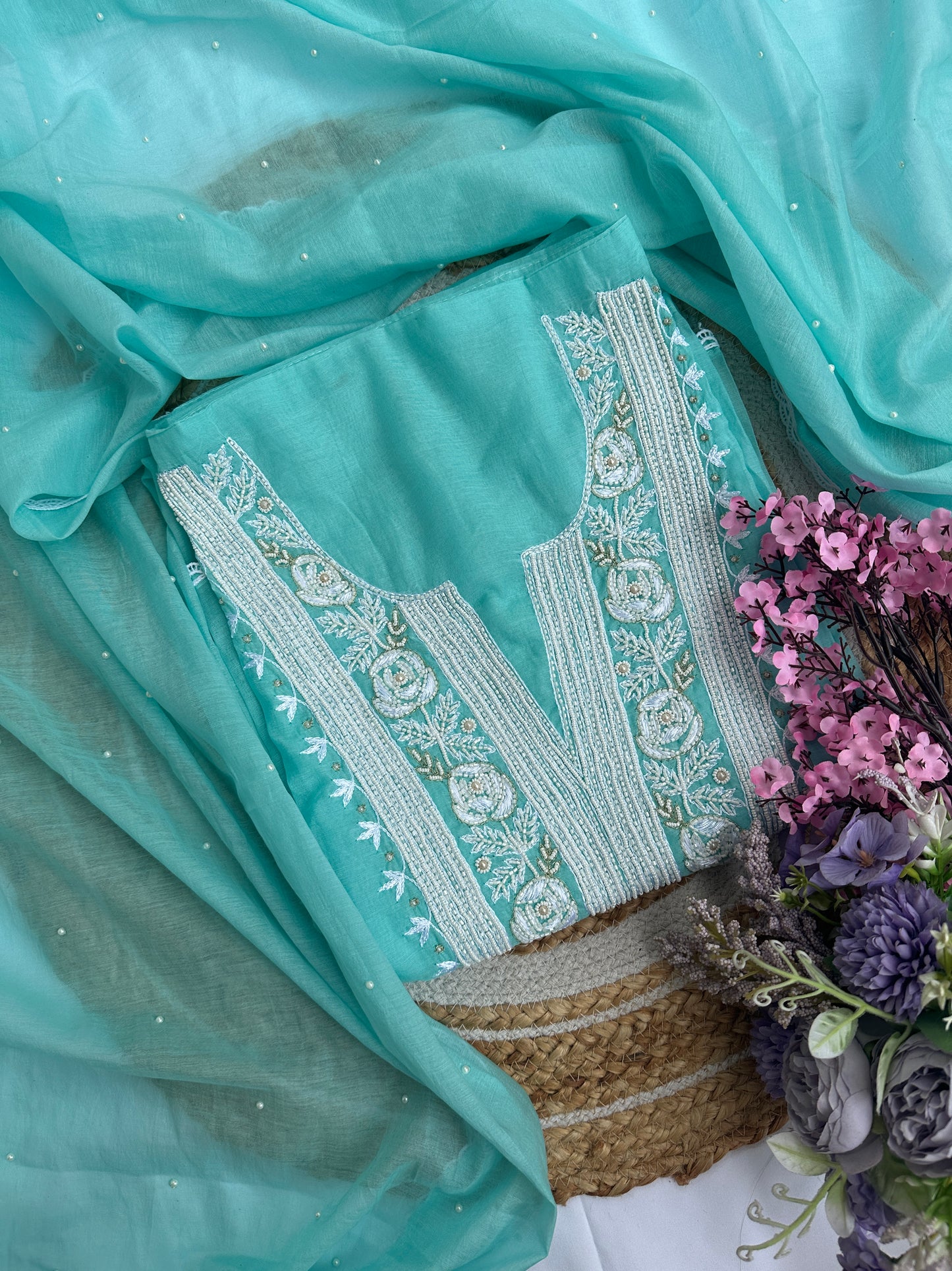 Light Blue Firozi Mul Unstitched Suit Set with Elegant Heavy Pearl Neck Embellishment