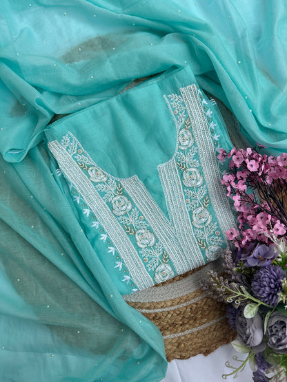 Light Blue Firozi Mul Unstitched Suit Set with Elegant Heavy Pearl Neck Embellishment