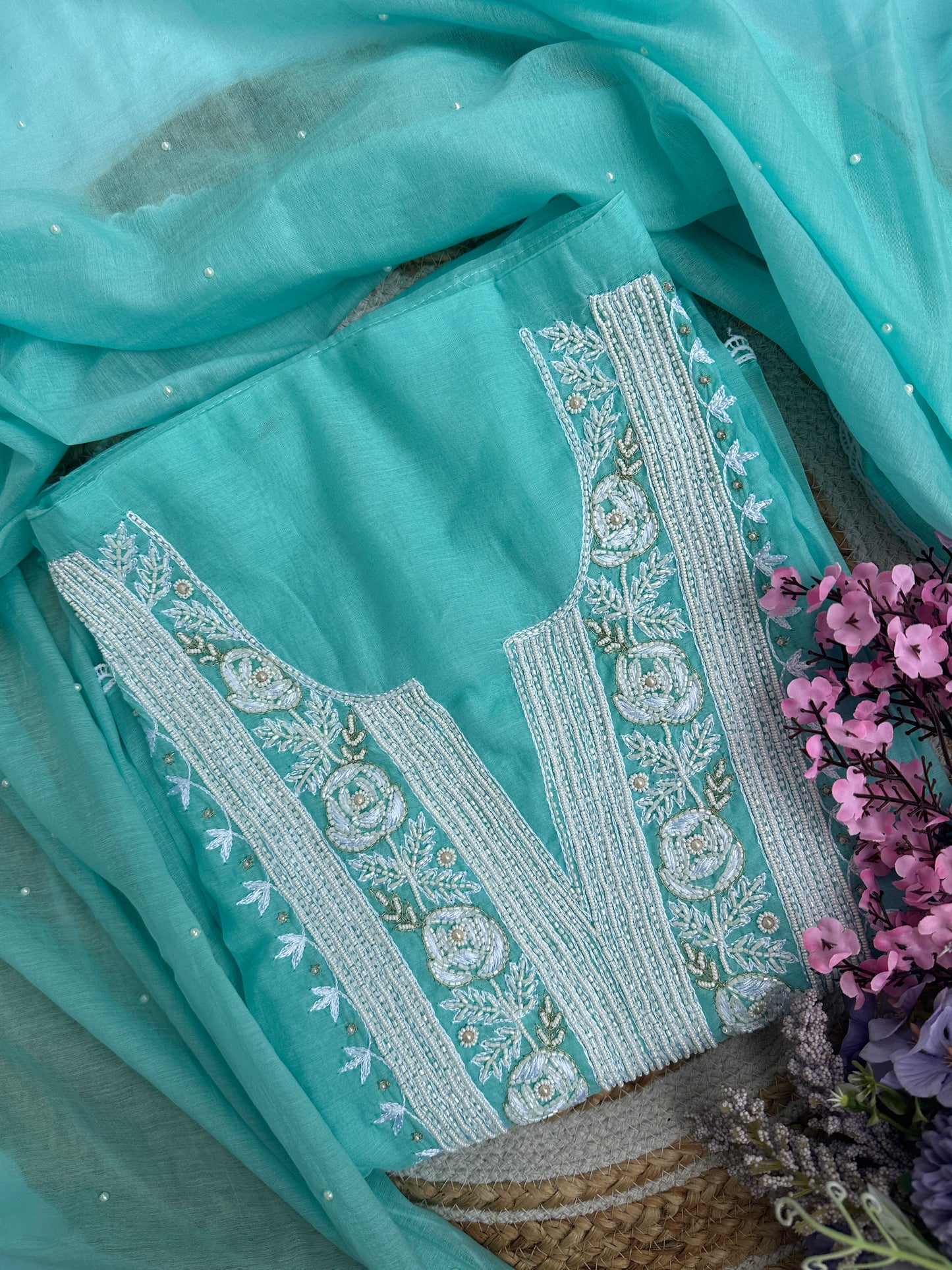 Light Blue Firozi Mul Unstitched Suit Set with Elegant Heavy Pearl Neck Embellishment