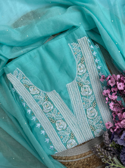Light Blue Firozi Mul Unstitched Suit Set with Elegant Heavy Pearl Neck Embellishment