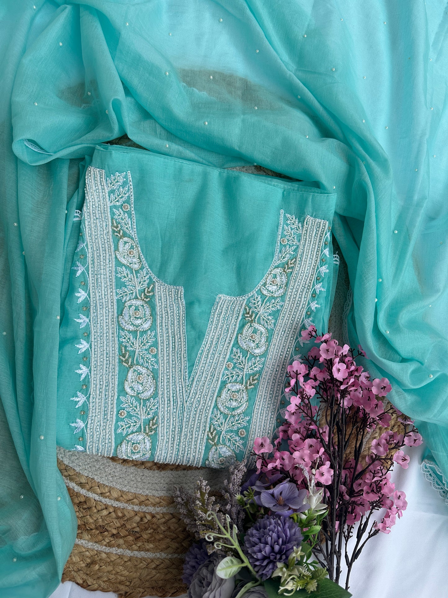 Light Blue Firozi Mul Unstitched Suit Set with Elegant Heavy Pearl Neck Embellishment