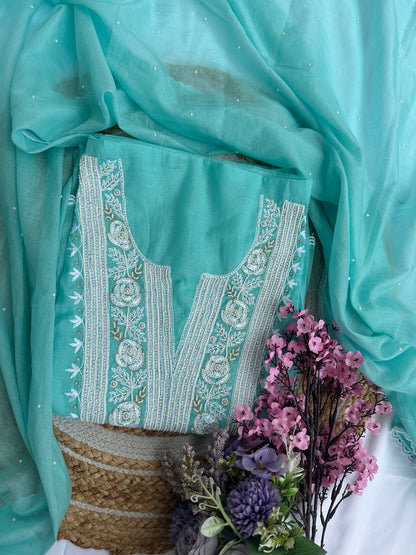 Light Blue Firozi Mul Unstitched Suit Set with Elegant Heavy Pearl Neck Embellishment