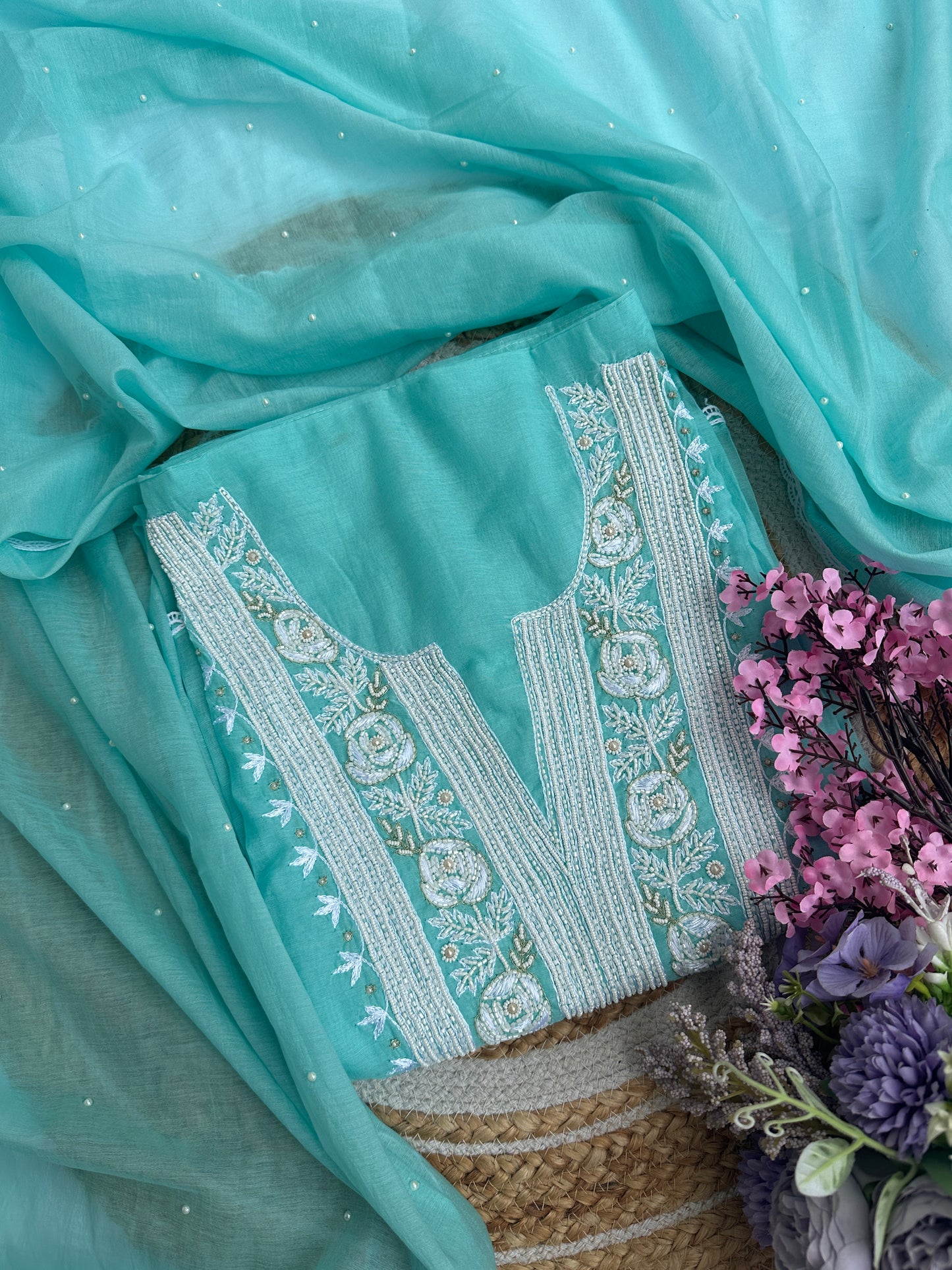 Light Blue Firozi Mul Unstitched Suit Set with Elegant Heavy Pearl Neck Embellishment
