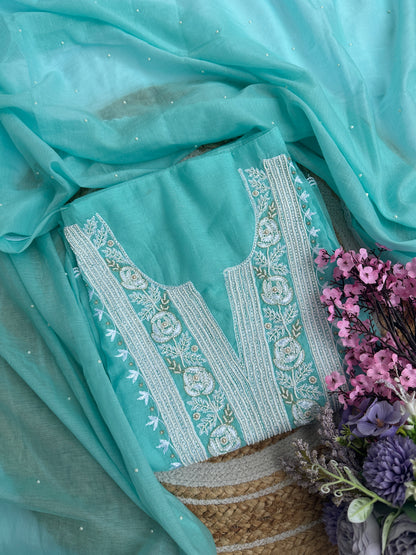 Light Blue Firozi Mul Unstitched Suit Set with Elegant Heavy Pearl Neck Embellishment