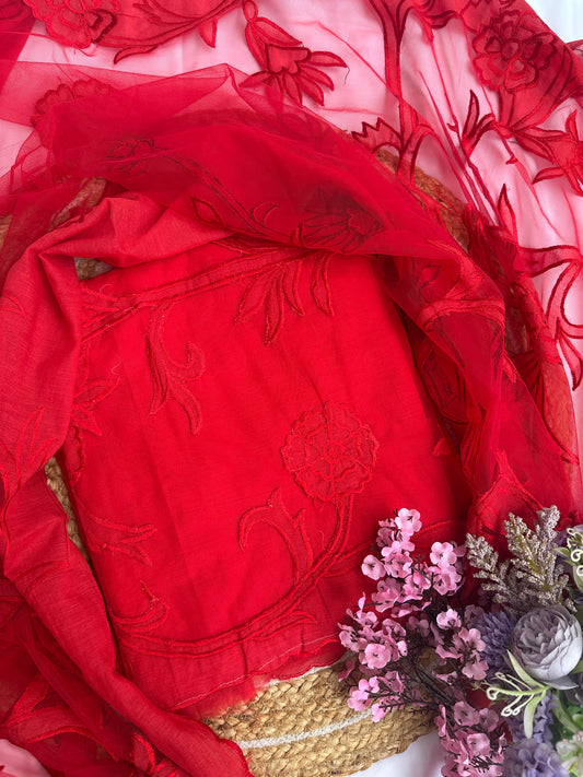 Radiant Red Mul Cotton Unstitched Suit Set