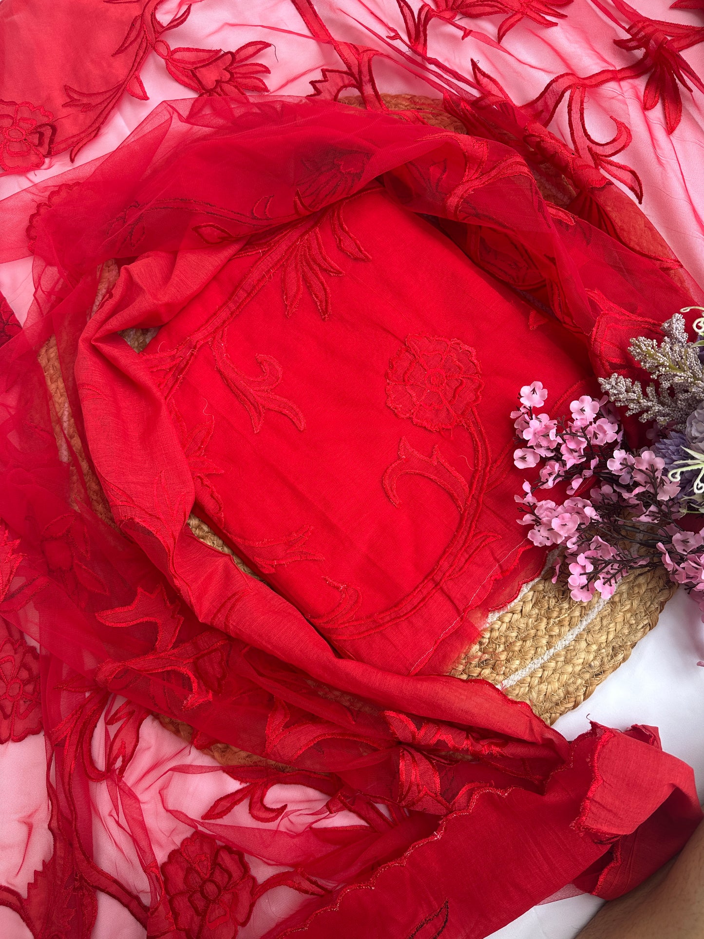 Radiant Red Mul Cotton Unstitched Suit Set