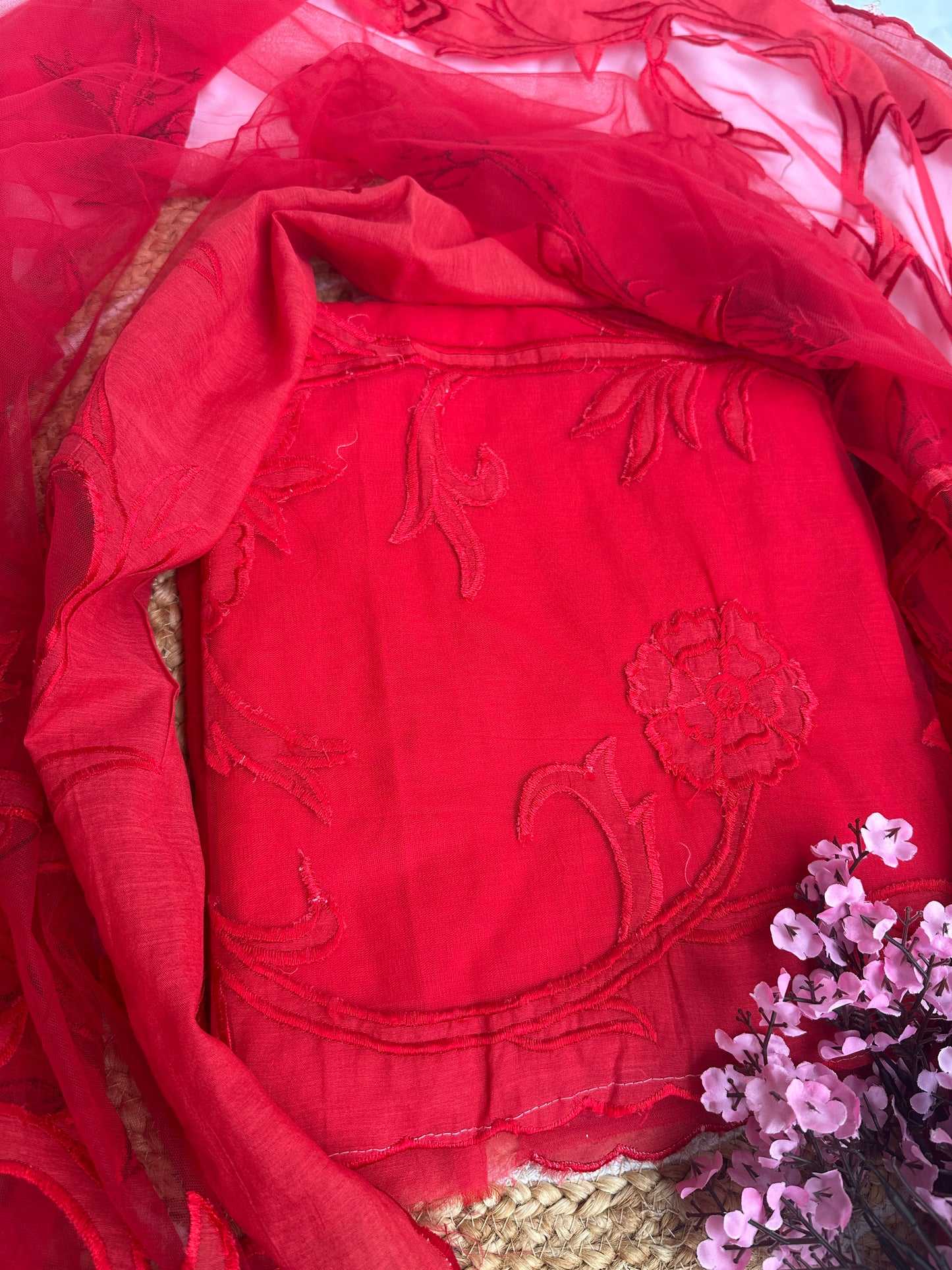 Radiant Red Mul Cotton Unstitched Suit Set