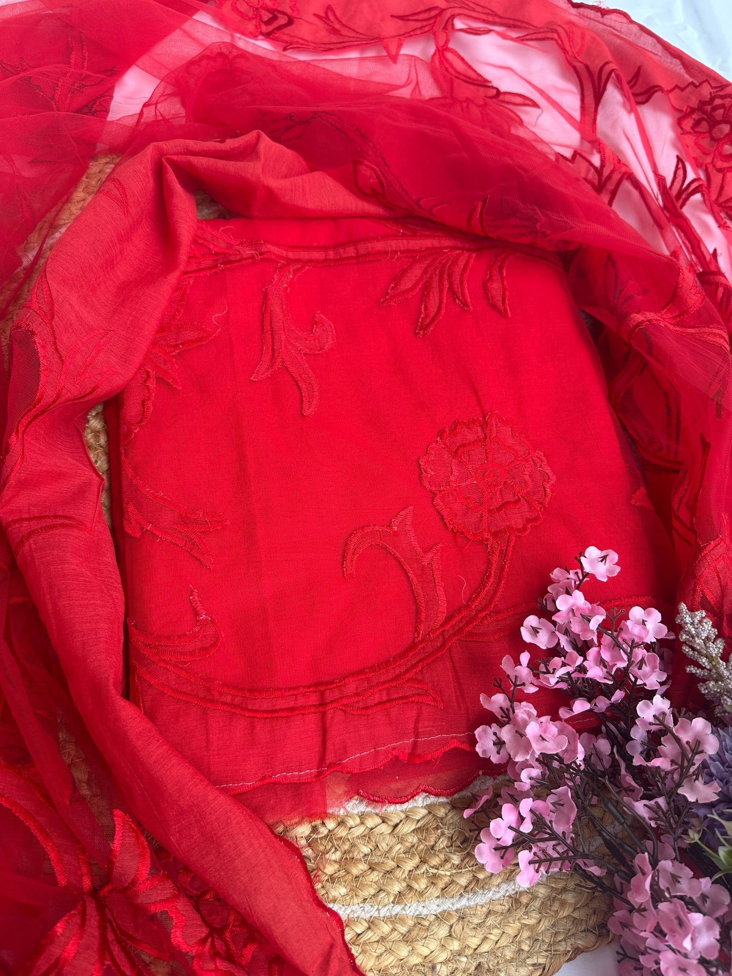 Radiant Red Mul Cotton Unstitched Suit Set