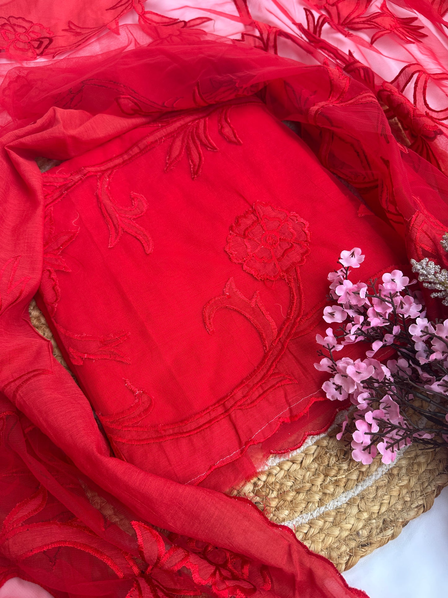 Radiant Red Mul Cotton Unstitched Suit Set
