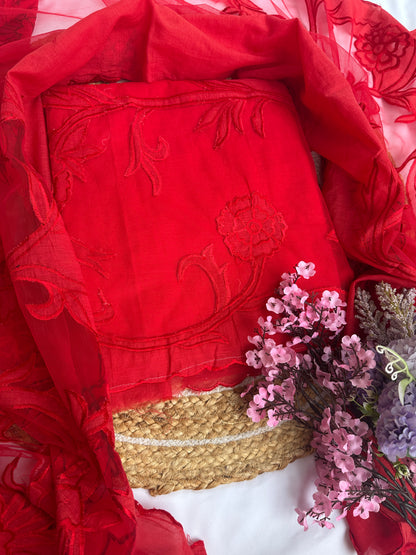 Radiant Red Mul Cotton Unstitched Suit Set