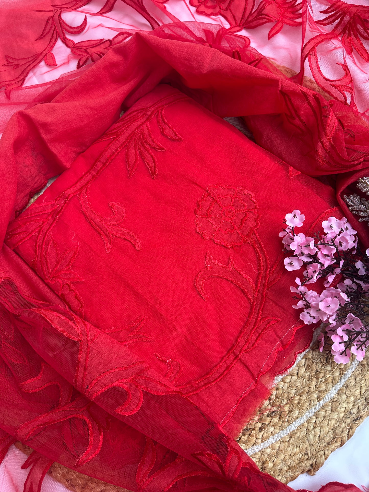 Radiant Red Mul Cotton Unstitched Suit Set