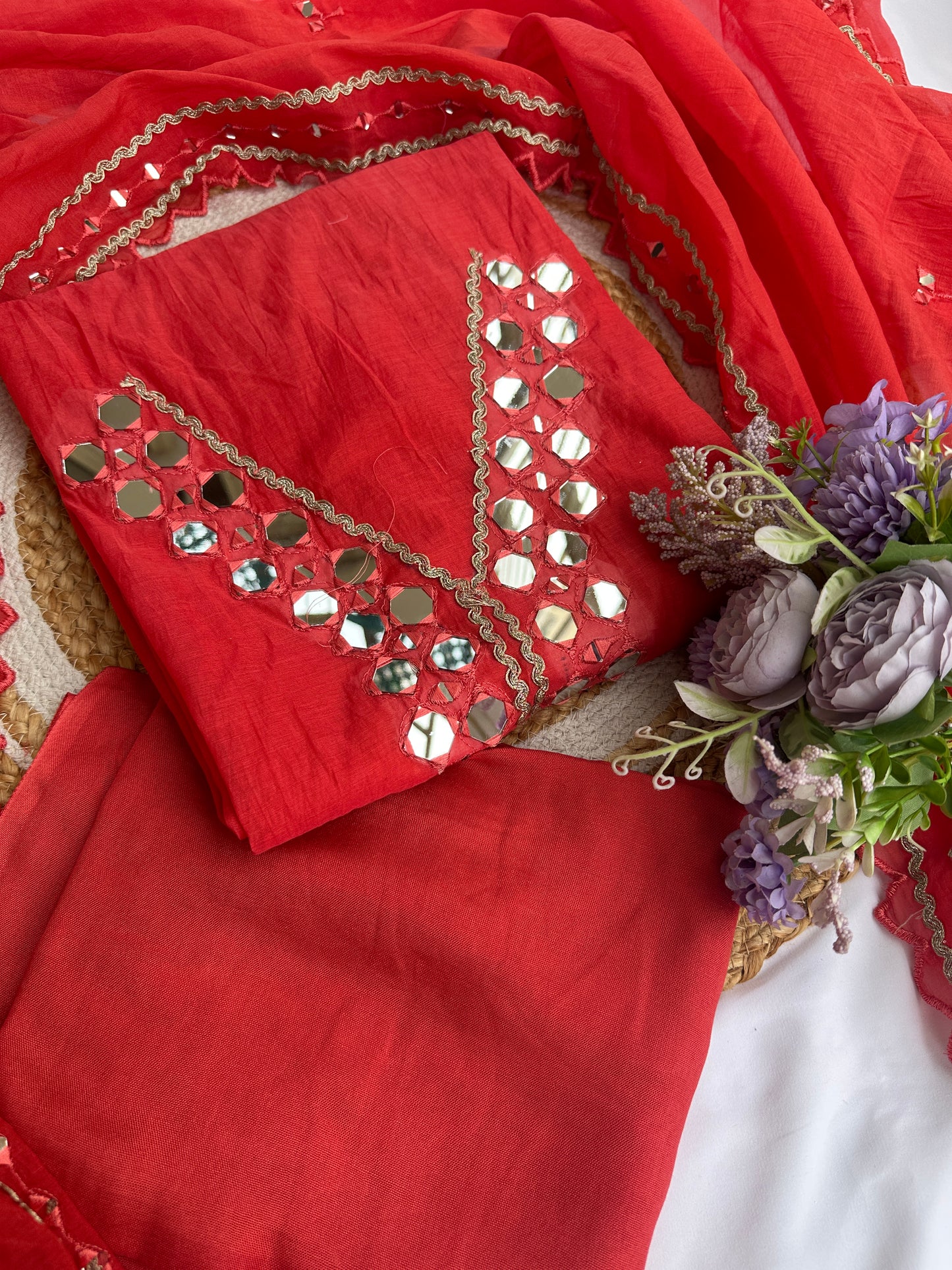 Red Mul Cotton Unstitched Suit Set with Intricate Mirror Work Detailing