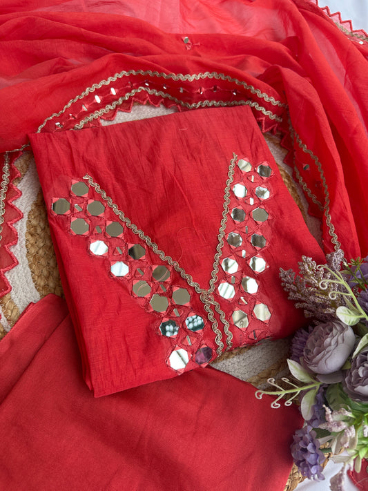 Red Mul Cotton Unstitched Suit Set with Intricate Mirror Work Detailing