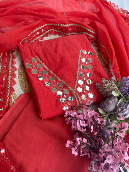Red Mul Cotton Unstitched Suit Set with Intricate Mirror Work Detailing