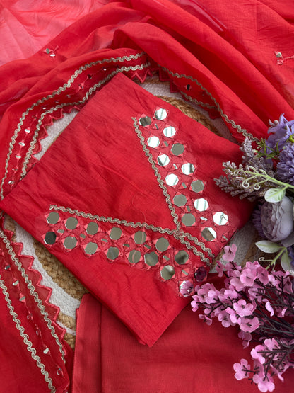 Red Mul Cotton Unstitched Suit Set with Intricate Mirror Work Detailing