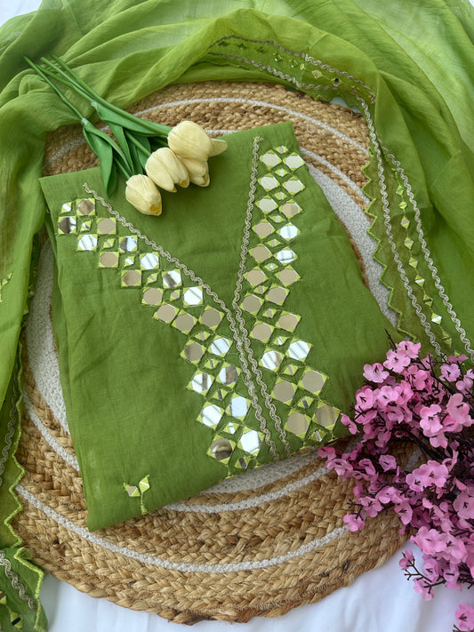 Green Mul Cotton Unstitched Suit Set with Intricate Mirror Work Detailing
