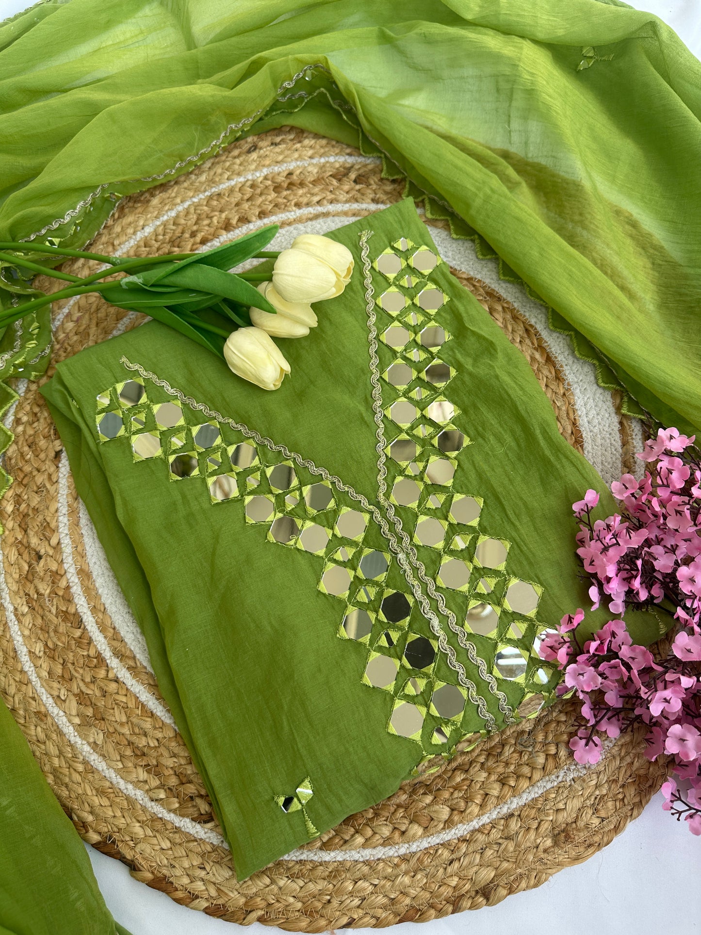 Green Mul Cotton Unstitched Suit Set with Intricate Mirror Work Detailing