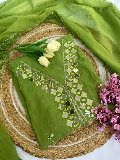 Green Mul Cotton Unstitched Suit Set with Intricate Mirror Work Detailing