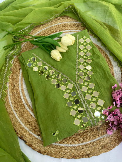 Green Mul Cotton Unstitched Suit Set with Intricate Mirror Work Detailing