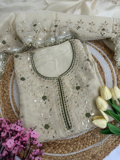 Unstitched Suit Set with Heavy Embroidered Neckline & Elaborate Dupatta