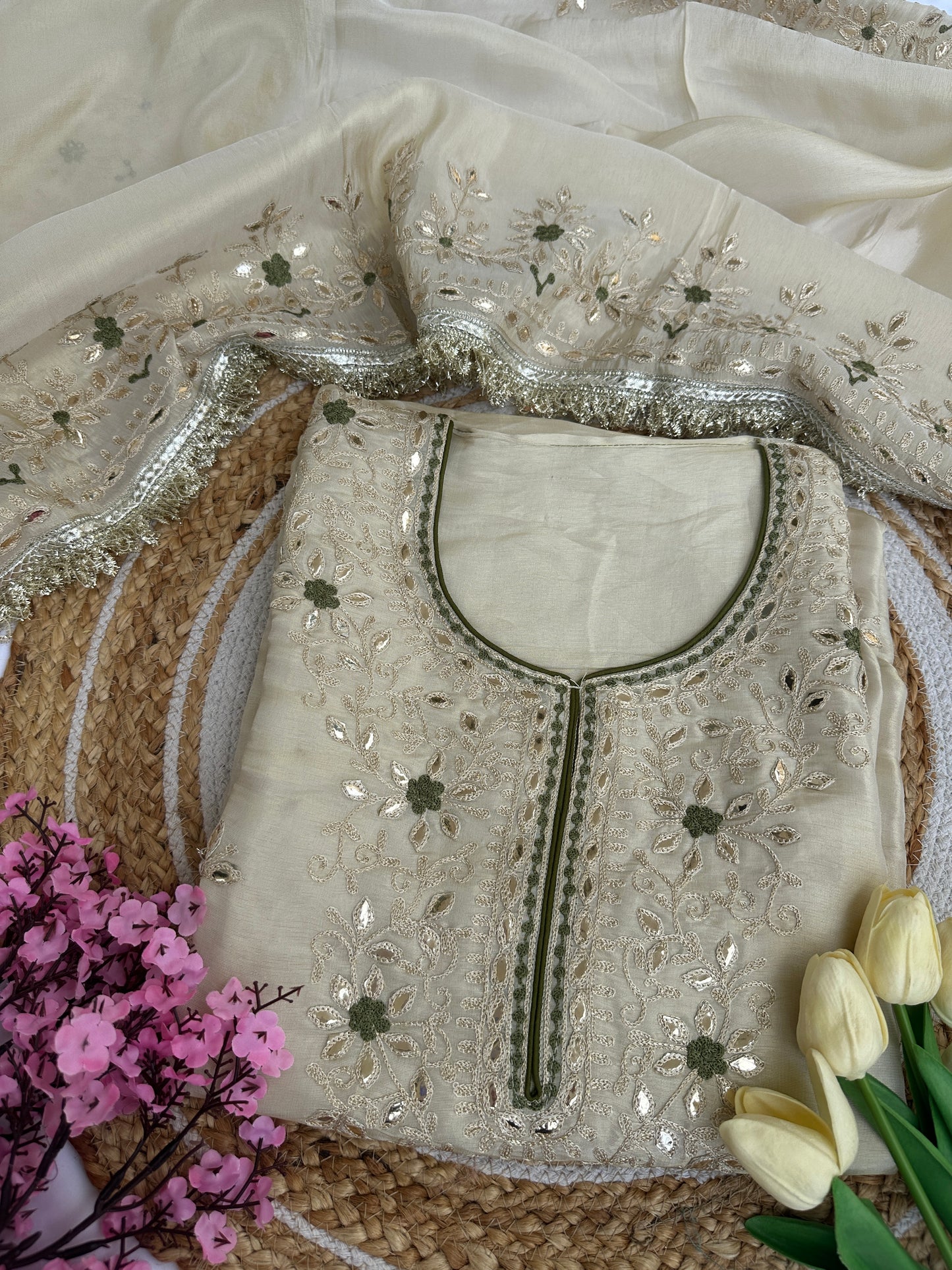 Unstitched Suit Set with Heavy Embroidered Neckline & Elaborate Dupatta