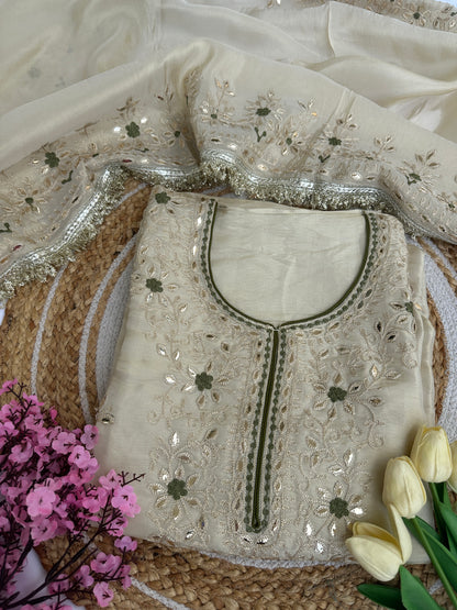 Unstitched Suit Set with Heavy Embroidered Neckline & Elaborate Dupatta