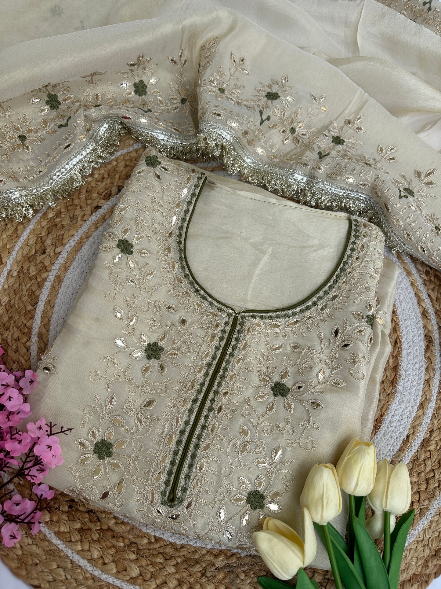 Unstitched Suit Set with Heavy Embroidered Neckline & Elaborate Dupatta