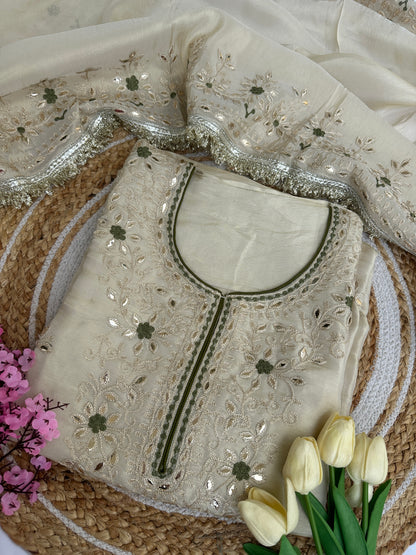Unstitched Suit Set with Heavy Embroidered Neckline & Elaborate Dupatta