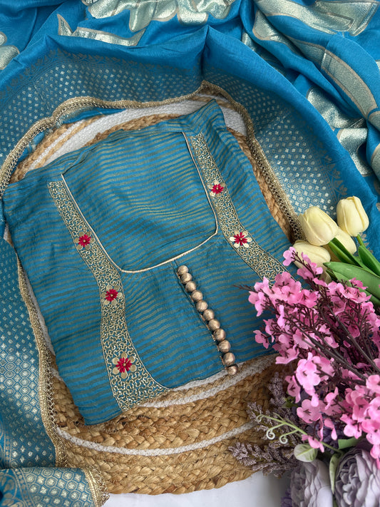 Blue Shimmer Tissue Unstitched Suit Set with Rich Banarasi Woven Dupatta