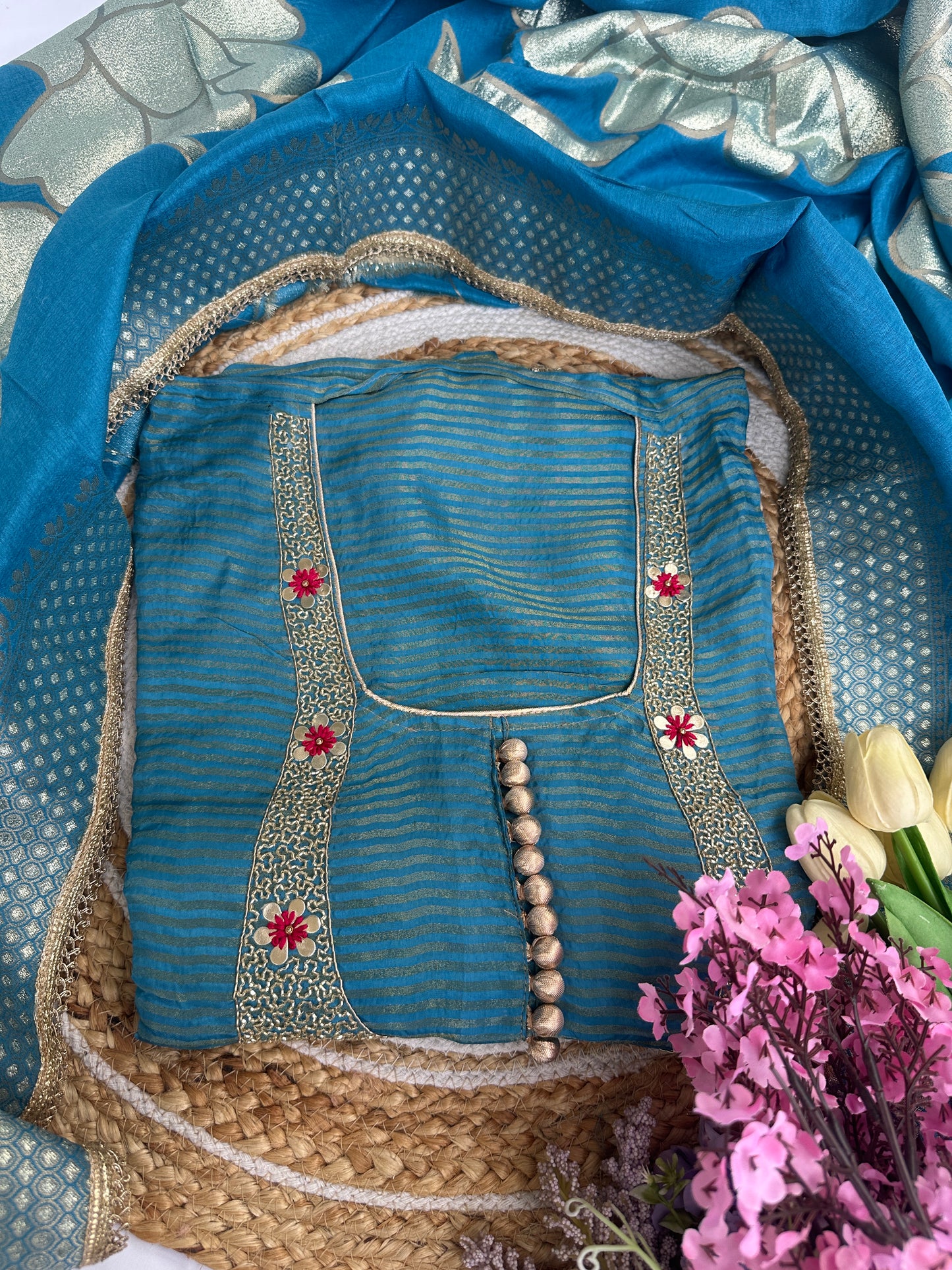 Blue Shimmer Tissue Unstitched Suit Set with Rich Banarasi Woven Dupatta