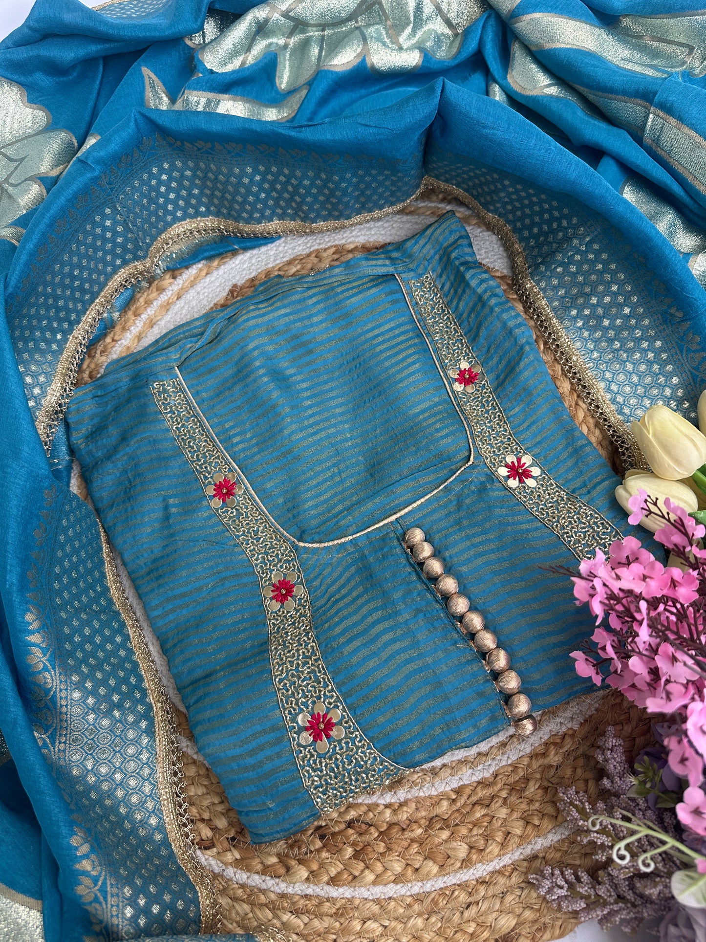 Blue Shimmer Tissue Unstitched Suit Set with Rich Banarasi Woven Dupatta