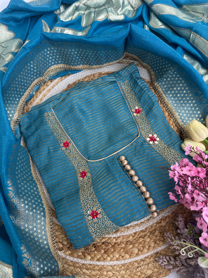 Blue Shimmer Tissue Unstitched Suit Set with Rich Banarasi Woven Dupatta