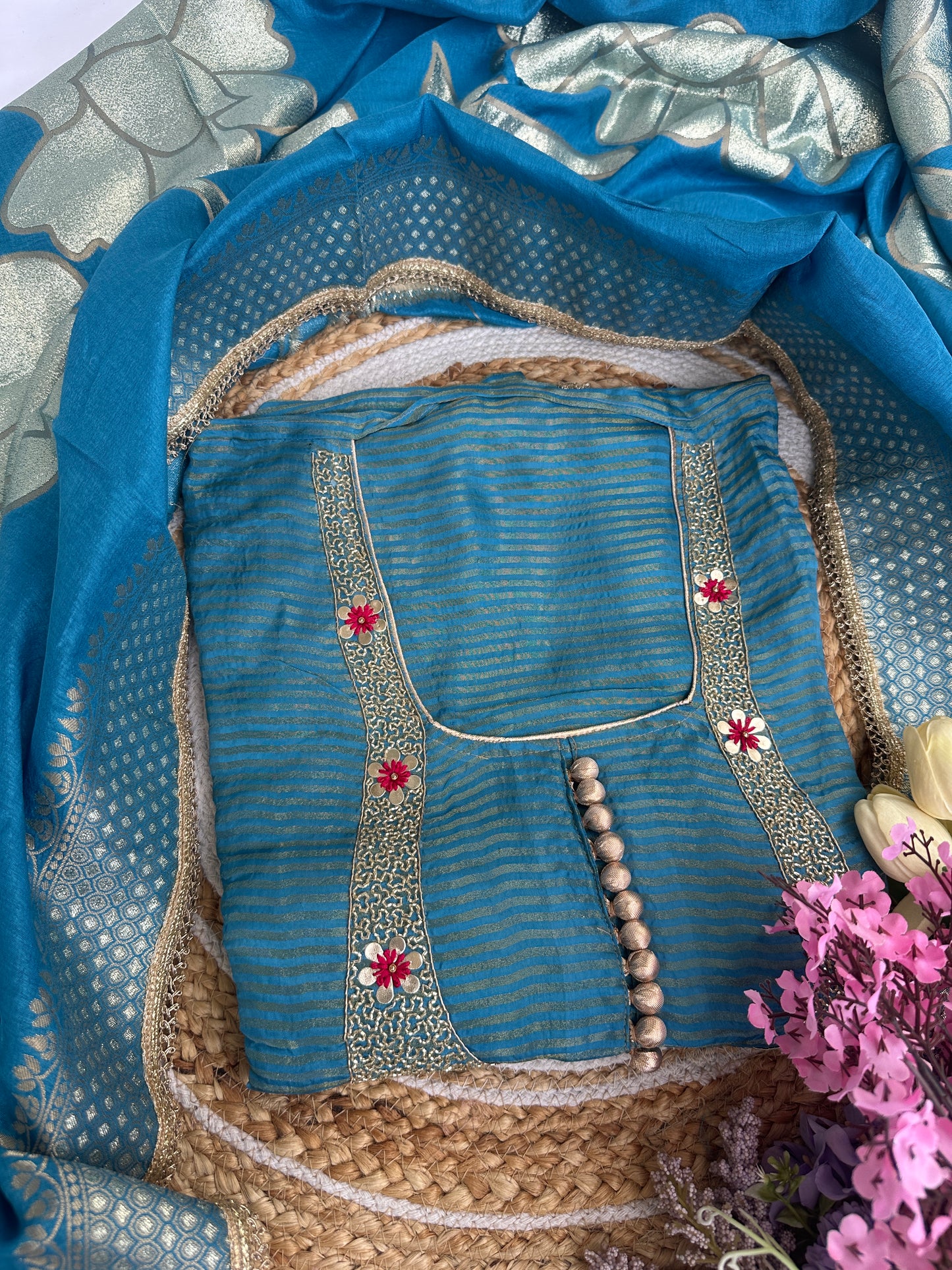 Blue Shimmer Tissue Unstitched Suit Set with Rich Banarasi Woven Dupatta