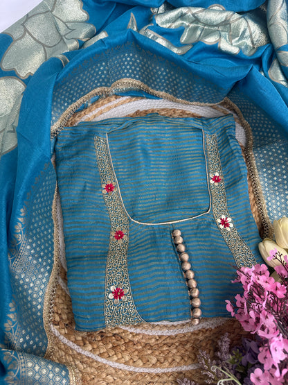 Blue Shimmer Tissue Unstitched Suit Set with Rich Banarasi Woven Dupatta