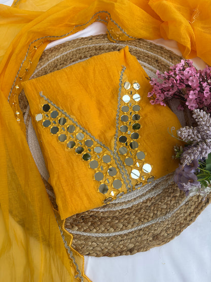 Yellow Mul Cotton Unstitched Suit Set with Intricate Mirror Work Detailing