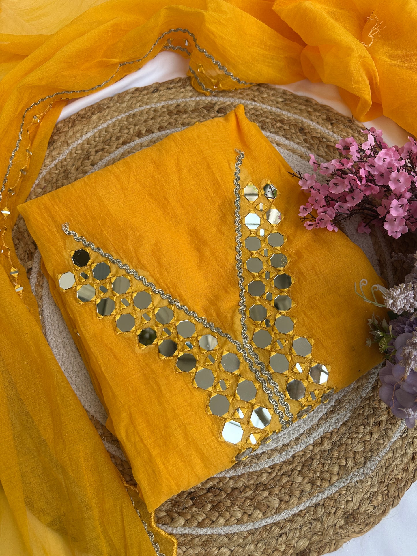 Yellow Mul Cotton Unstitched Suit Set with Intricate Mirror Work Detailing