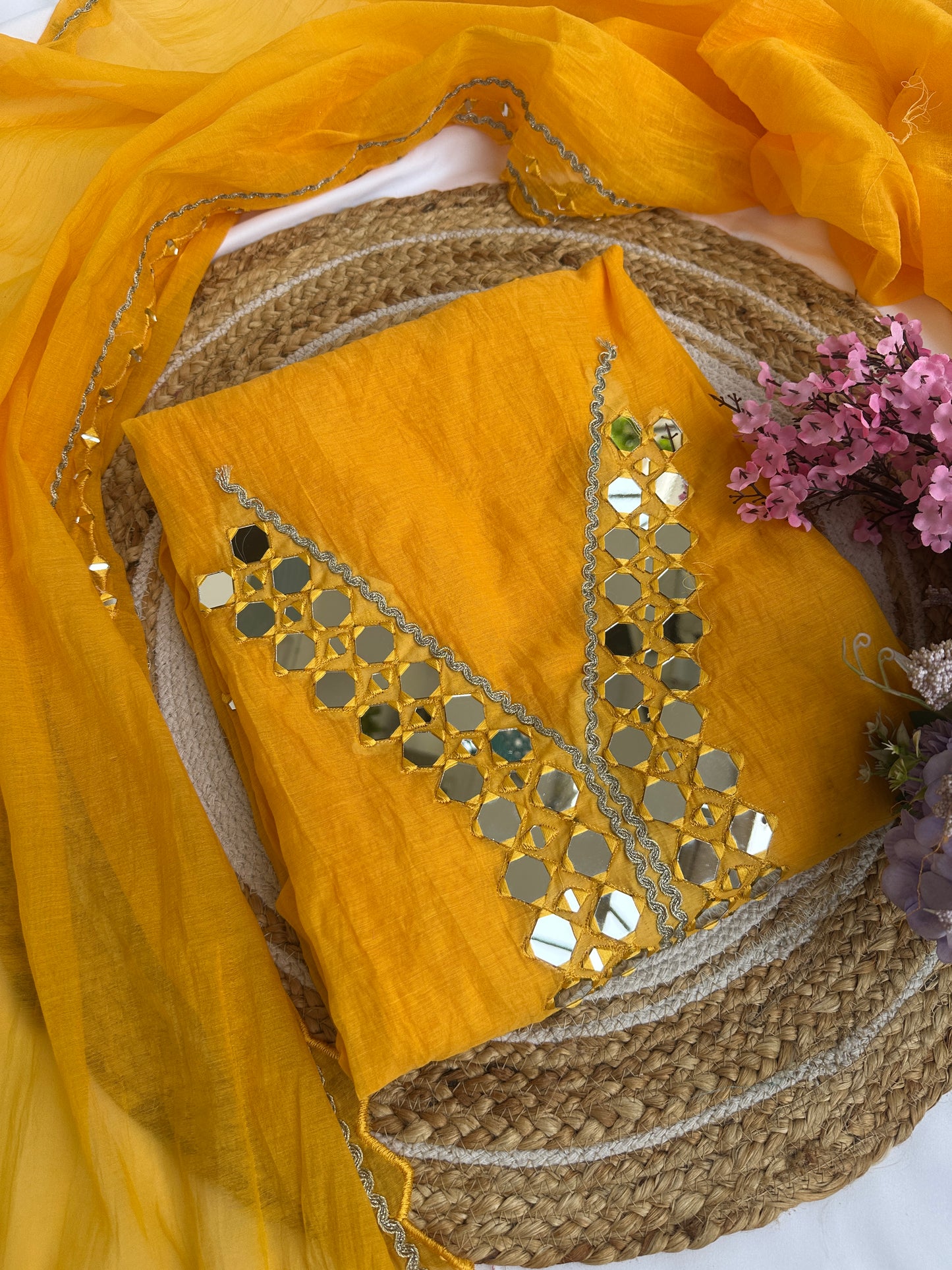 Yellow Mul Cotton Unstitched Suit Set with Intricate Mirror Work Detailing