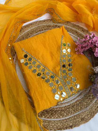 Yellow Mul Cotton Unstitched Suit Set with Intricate Mirror Work Detailing