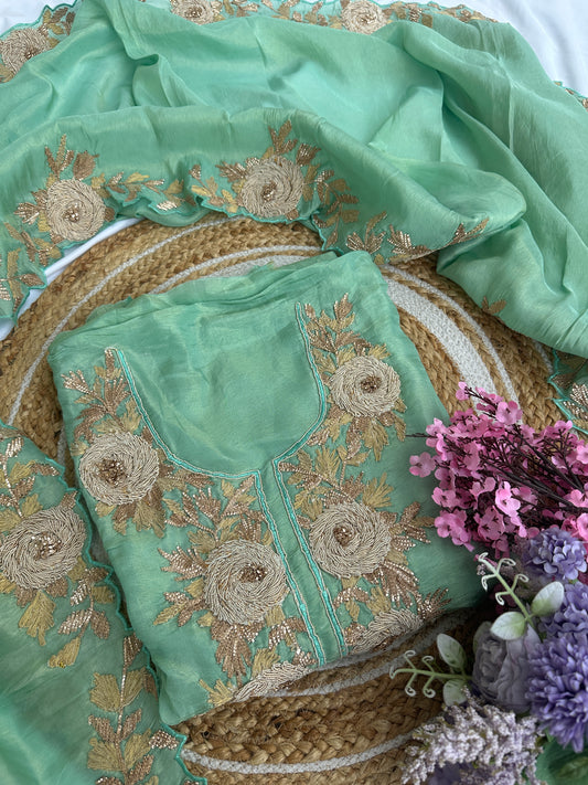 Sea Green Unstitched Suit Set with Heavy Embroidered Neckline & Dupatta Border