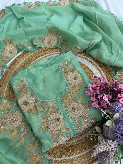 Sea Green Unstitched Suit Set with Heavy Embroidered Neckline & Dupatta Border