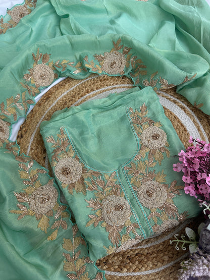 Sea Green Unstitched Suit Set with Heavy Embroidered Neckline & Dupatta Border