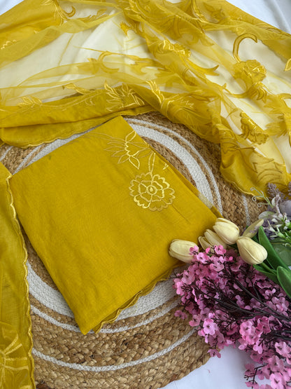 Radiant Yellow Mul Cotton Unstitched Suit Set
