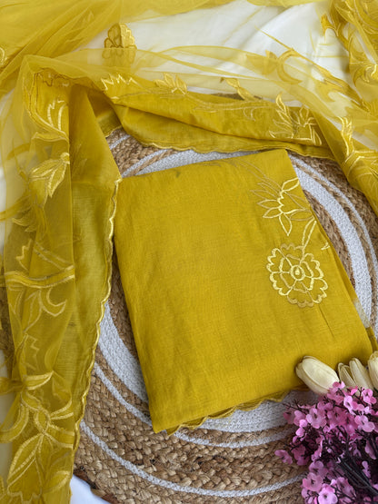 Radiant Yellow Mul Cotton Unstitched Suit Set