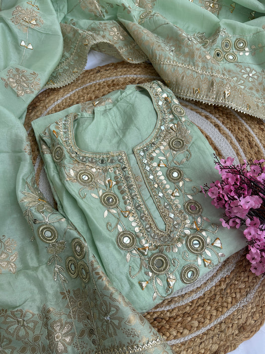 Pastel green Designer Dola silk Unstitched Suit Set with Intricate Heavy Gota Patti Work