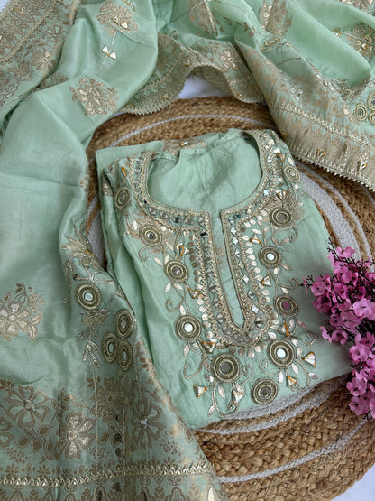 Pastel green Designer Dola silk Unstitched Suit Set with Intricate Heavy Gota Patti Work