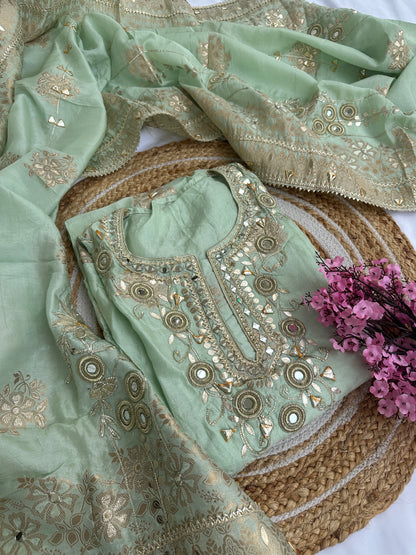 Pastel green Designer Dola silk Unstitched Suit Set with Intricate Heavy Gota Patti Work