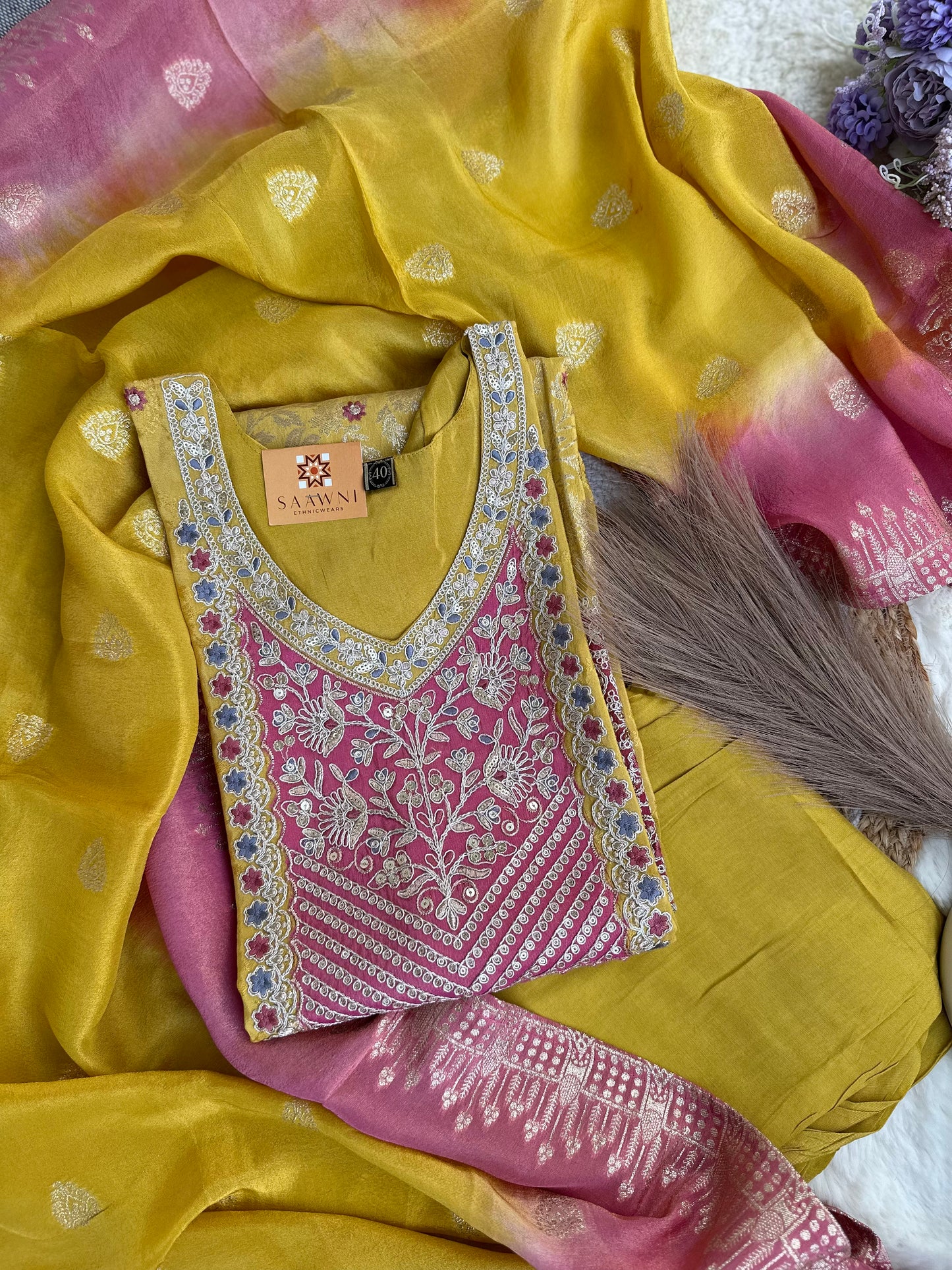 Mustard/Pink Kurta Set with bottom and dupatta