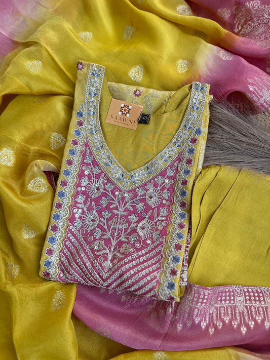 Mustard/Pink Kurta Set with bottom and dupatta